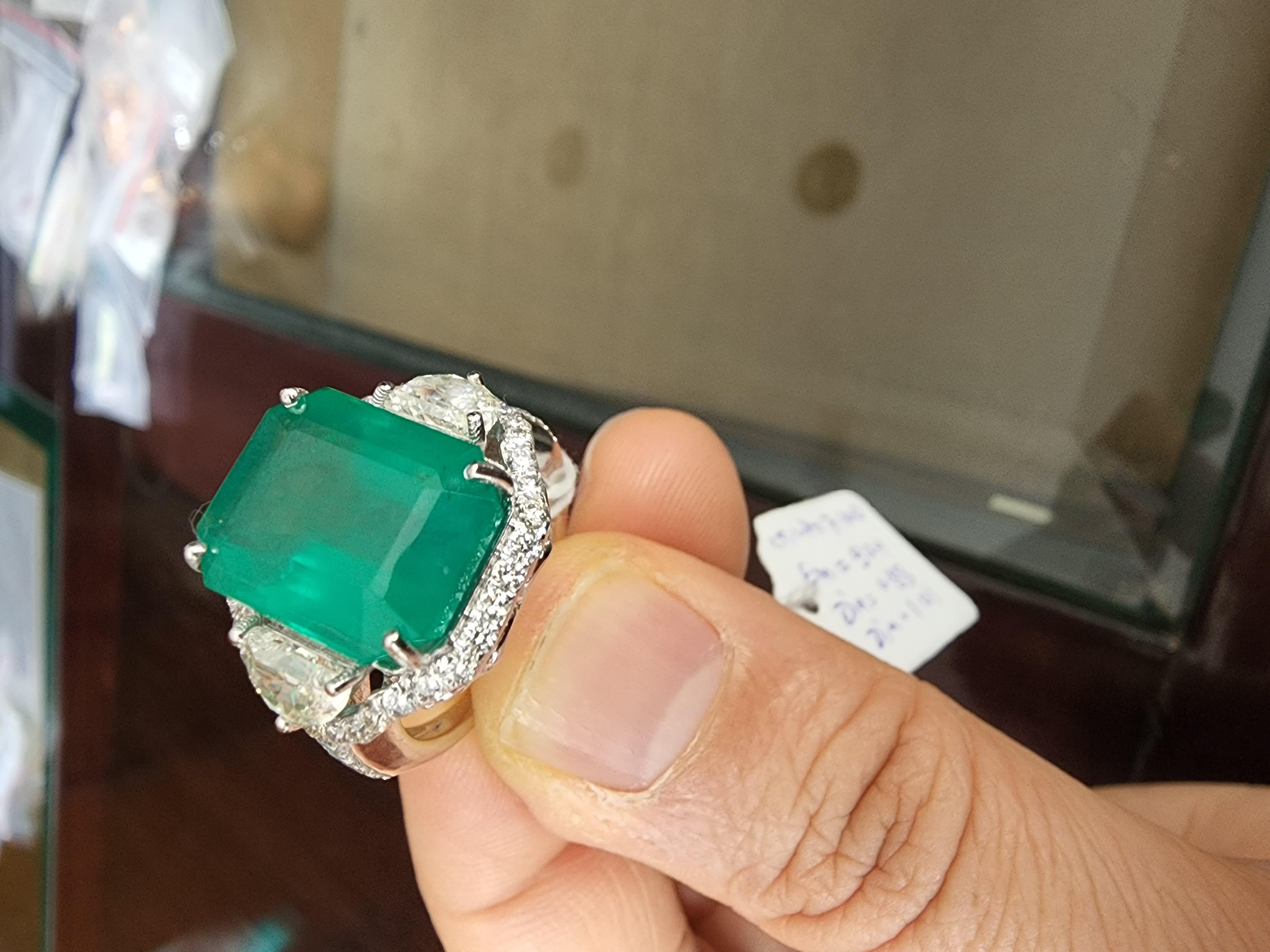 Emerald Cut Natural Zambian Emerald 9.24 Carats and Diamonds Half Moon 1.01 Carats in 14k For Sale
