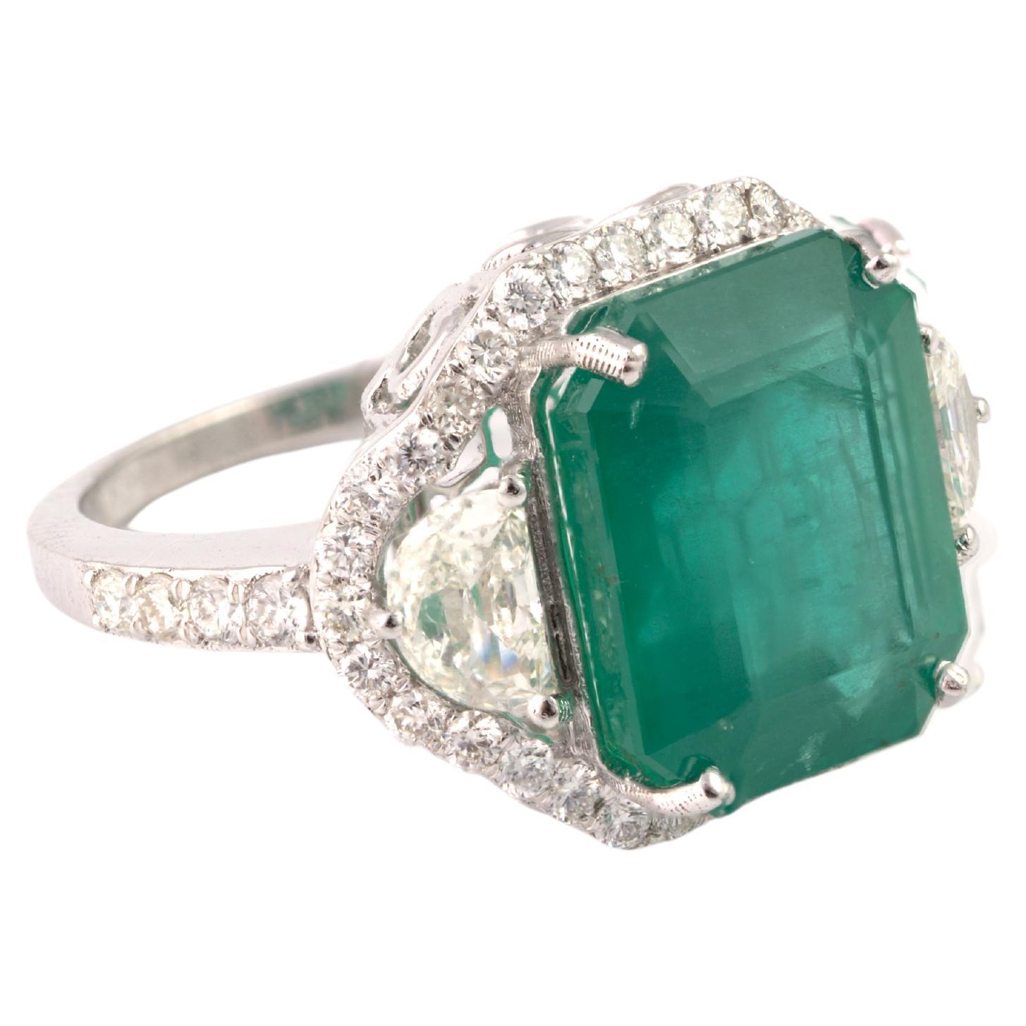 Natural Zambian Emerald 9.24 Carats and Diamonds Half Moon 1.01 Carats in 14k