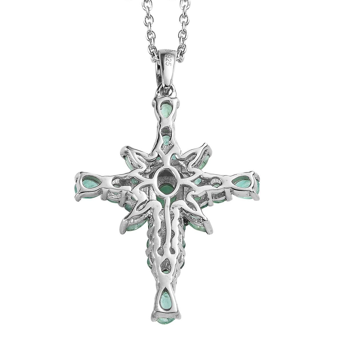 Art Deco 2.39 Ct Zambian Emerald Cross Pendant Necklace 925 Sterling Silver Necklace  For Sale