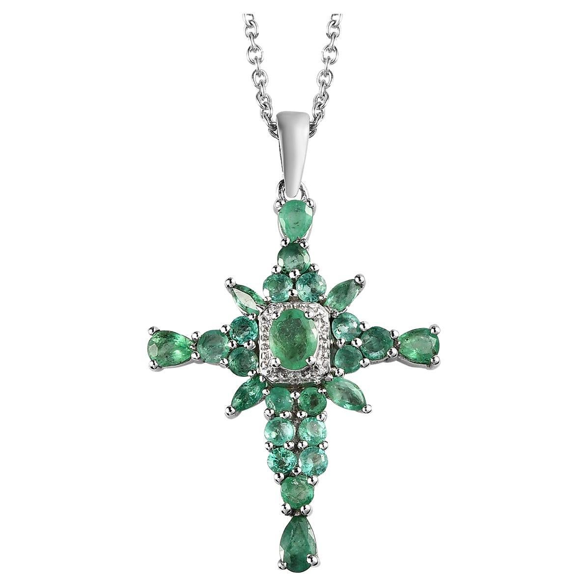 2.39 Ct Zambian Emerald Cross Pendant Necklace 925 Sterling Silver Necklace  For Sale