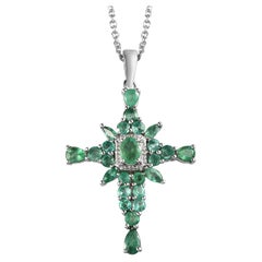2.39 Ct Zambian Emerald Cross Pendant Necklace 925 Sterling Silver Necklace 