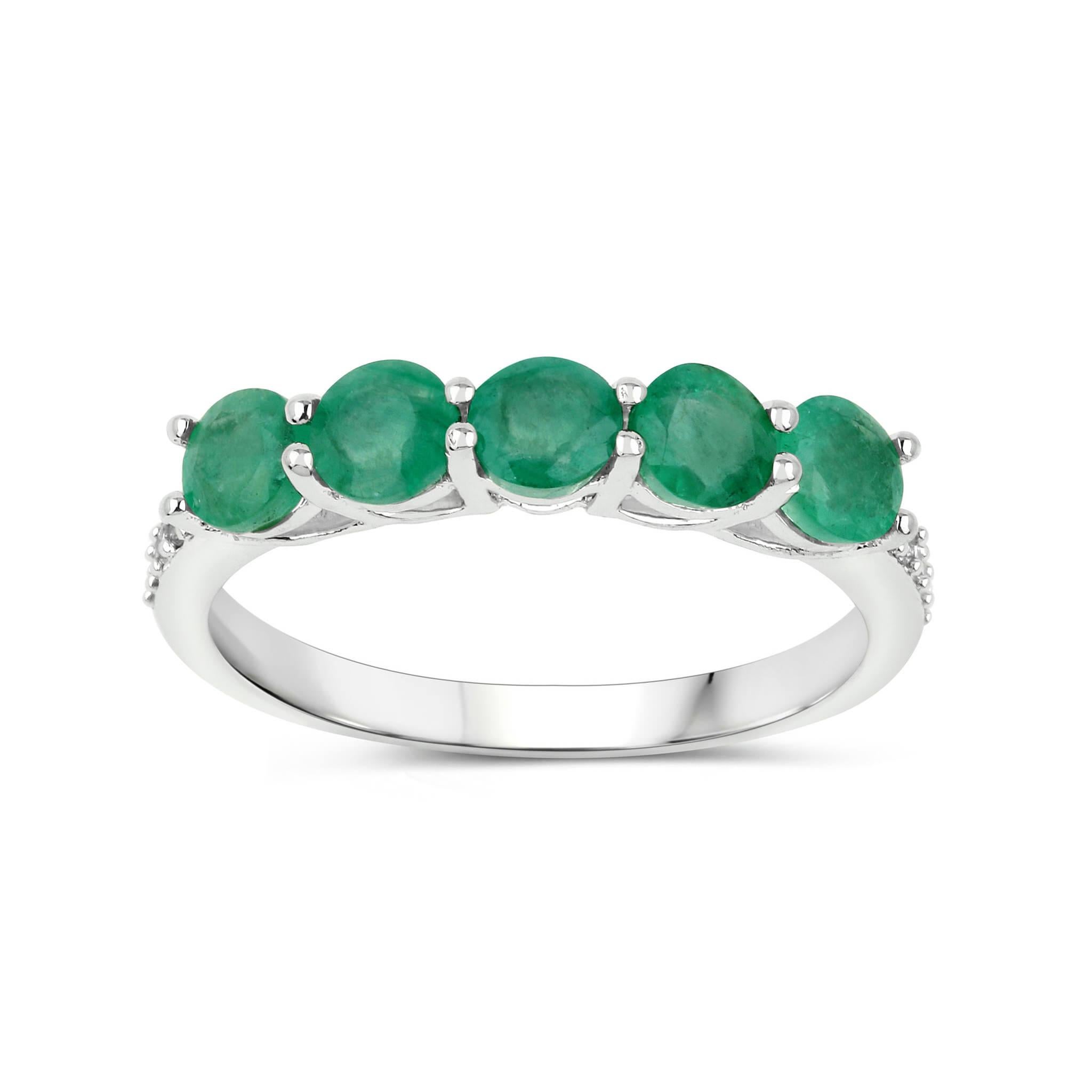 Round Cut Natural Zambian Emerald and Diamond Band 1.10 Carats 14k White Gold For Sale