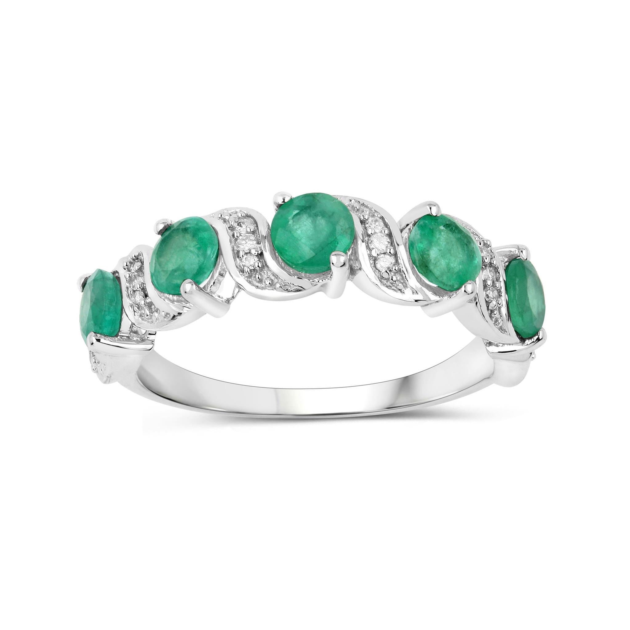 Round Cut Natural Zambian Emerald and Diamond Band 1.20 Carats 14k White Gold For Sale