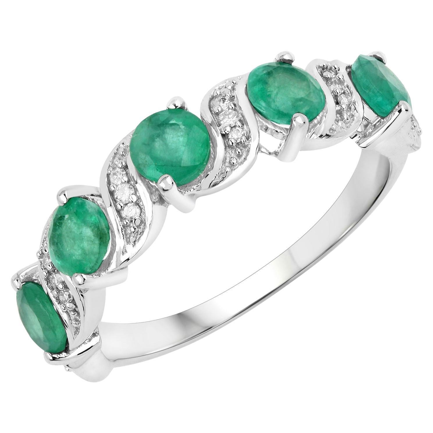 Natural Zambian Emerald and Diamond Band 1.20 Carats 14k White Gold For Sale