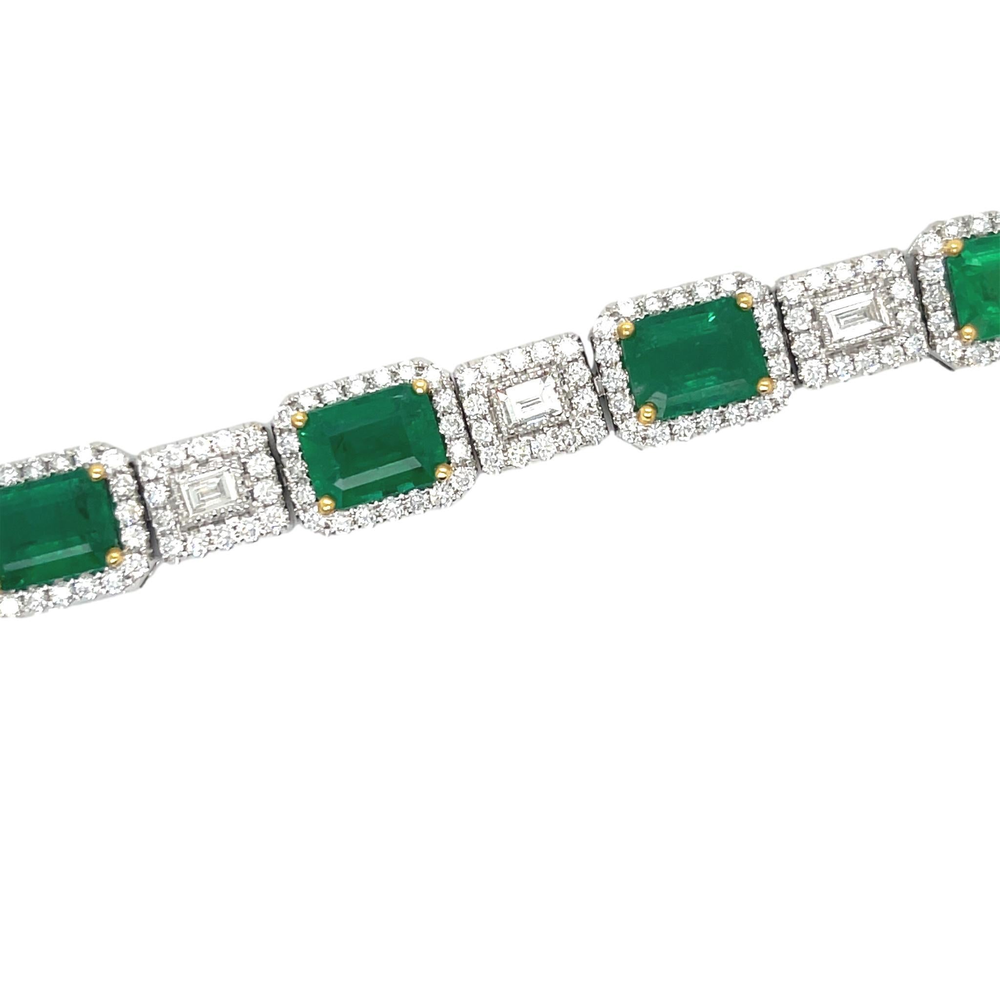 Emerald Cut Natural Zambian Emerald and Diamond Bracelet in 18KWY Gold For Sale