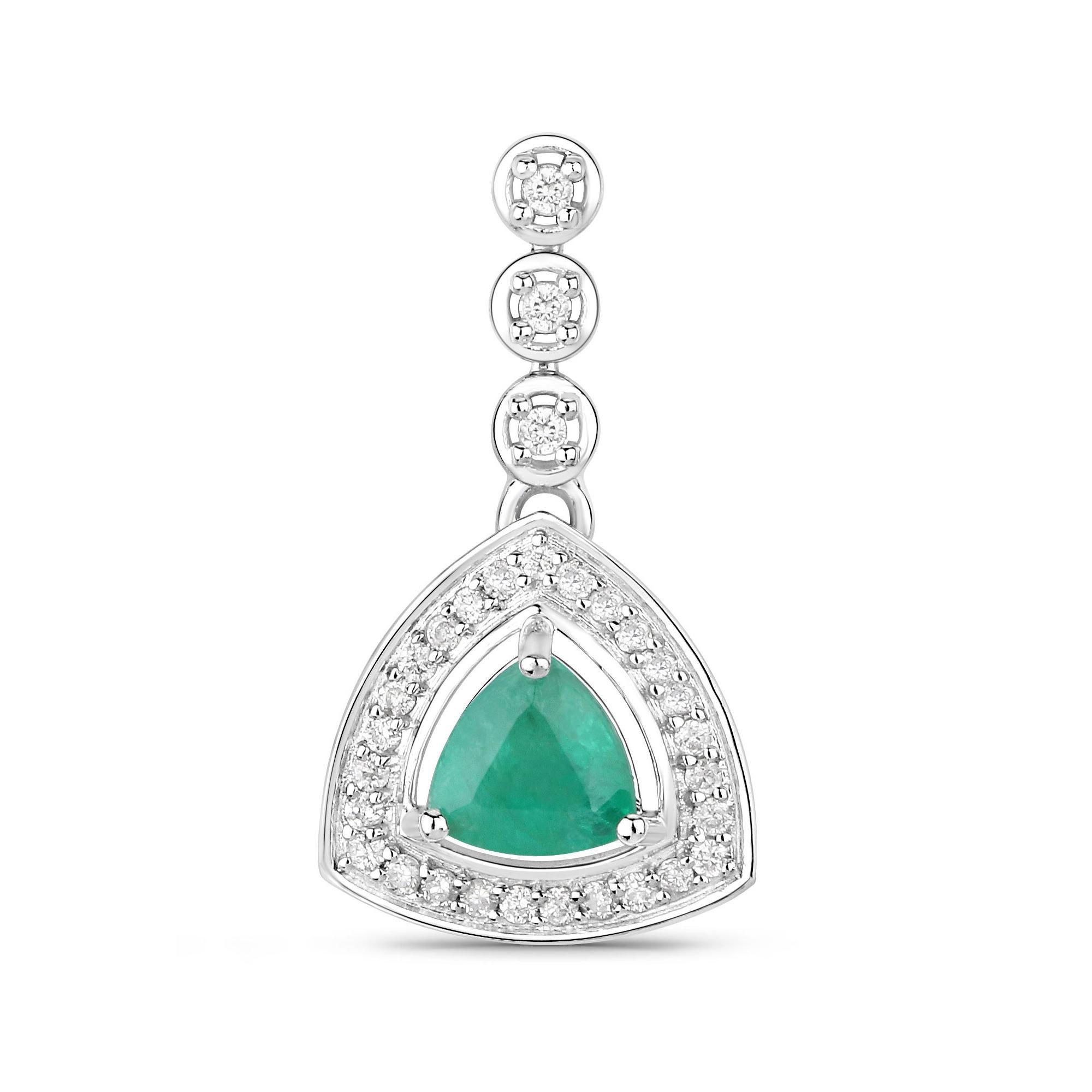 Trillion Cut Natural Zambian Emerald and Diamond Halo Dangle Earrings 14K White Gold For Sale