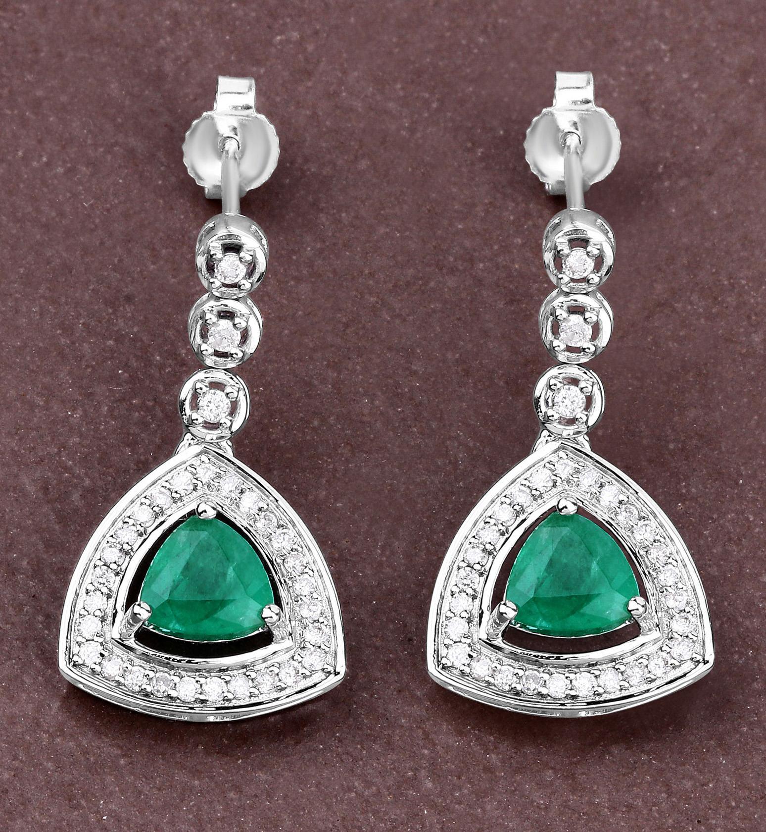 Contemporary Natural Zambian Emerald and Diamond Halo Dangle Earrings 14K White Gold For Sale