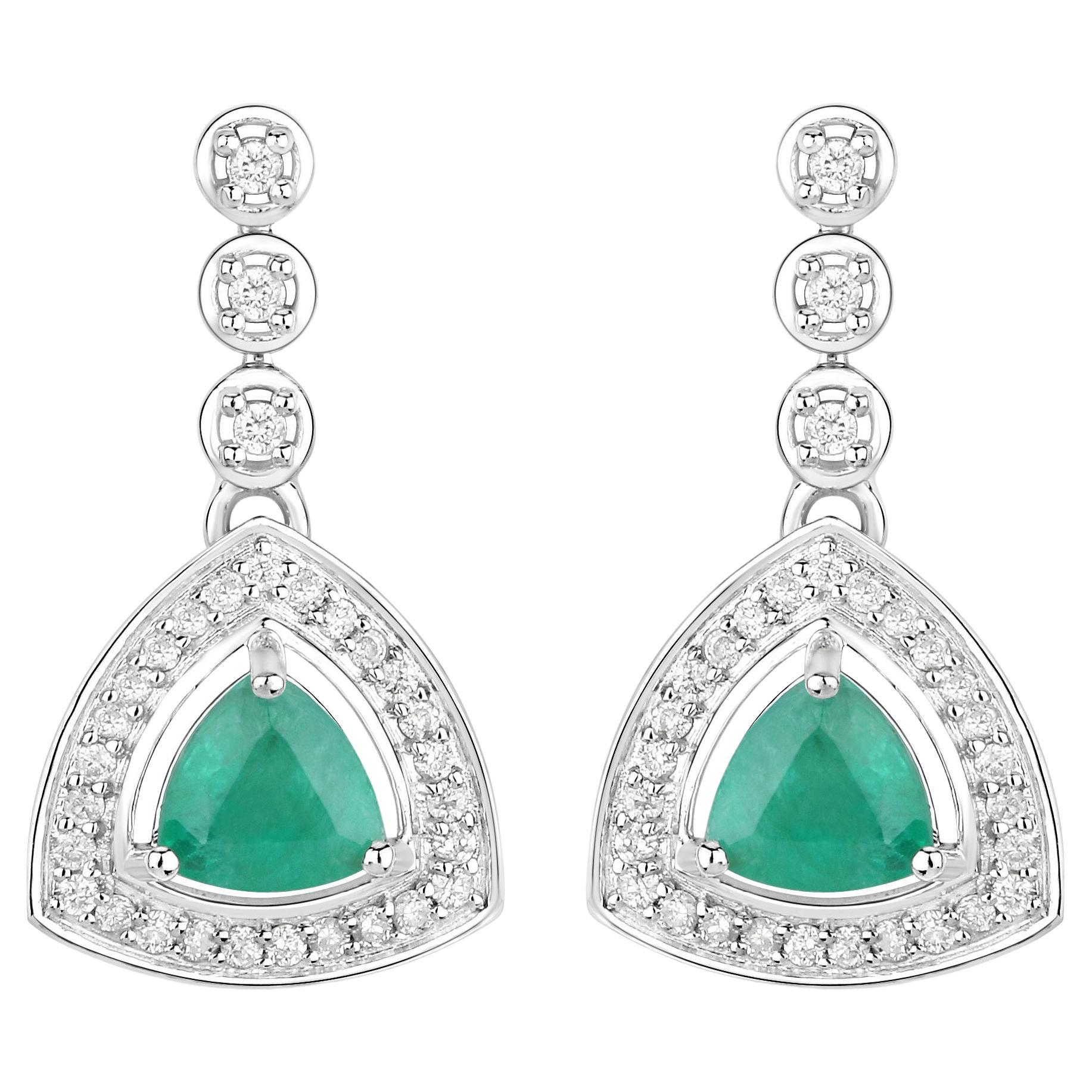 Natural Zambian Emerald and Diamond Halo Dangle Earrings 14K White Gold For Sale