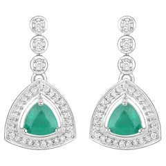 Natural Zambian Emerald and Diamond Halo Dangle Earrings 14K White Gold