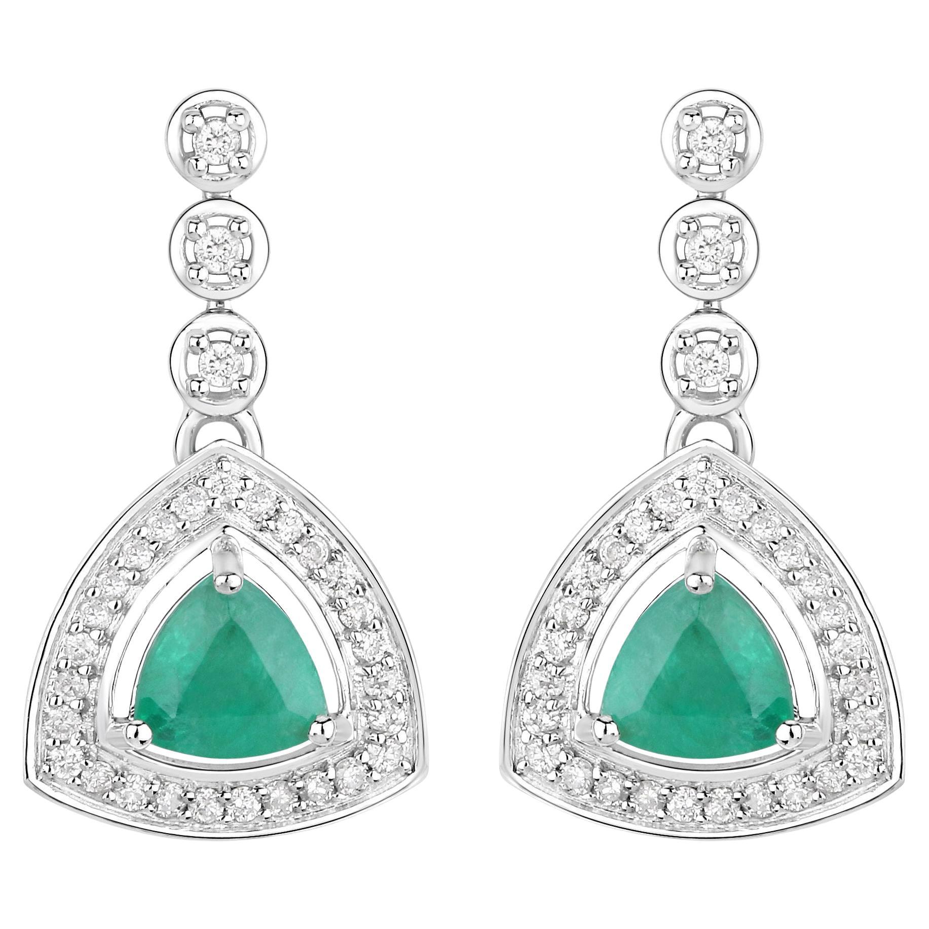 Natural Zambian Emerald and Diamond Halo Dangle Earrings 14K White Gold