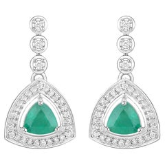 Natural Zambian Emerald and Diamond Halo Dangle Earrings 14K White Gold