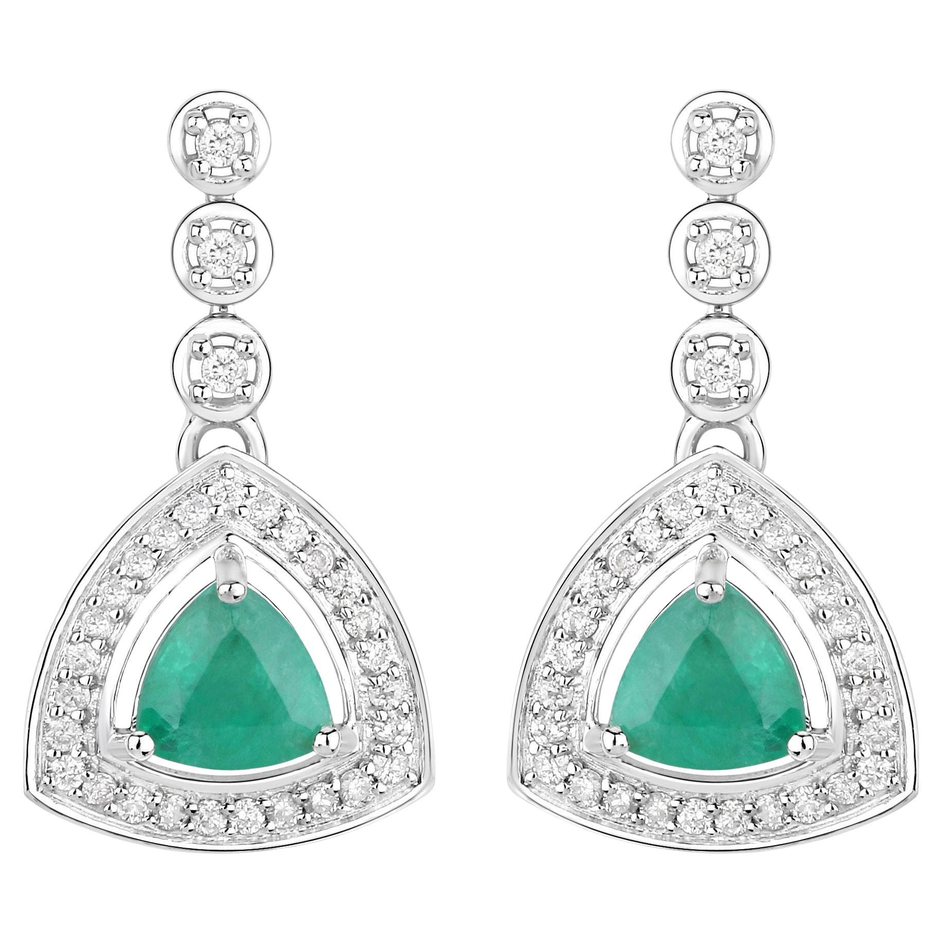 Natural Zambian Emerald and Diamond Halo Dangle Earrings 14K White Gold For Sale