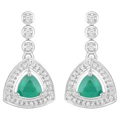 Natural Zambian Emerald and Diamond Halo Dangle Earrings 14K White Gold