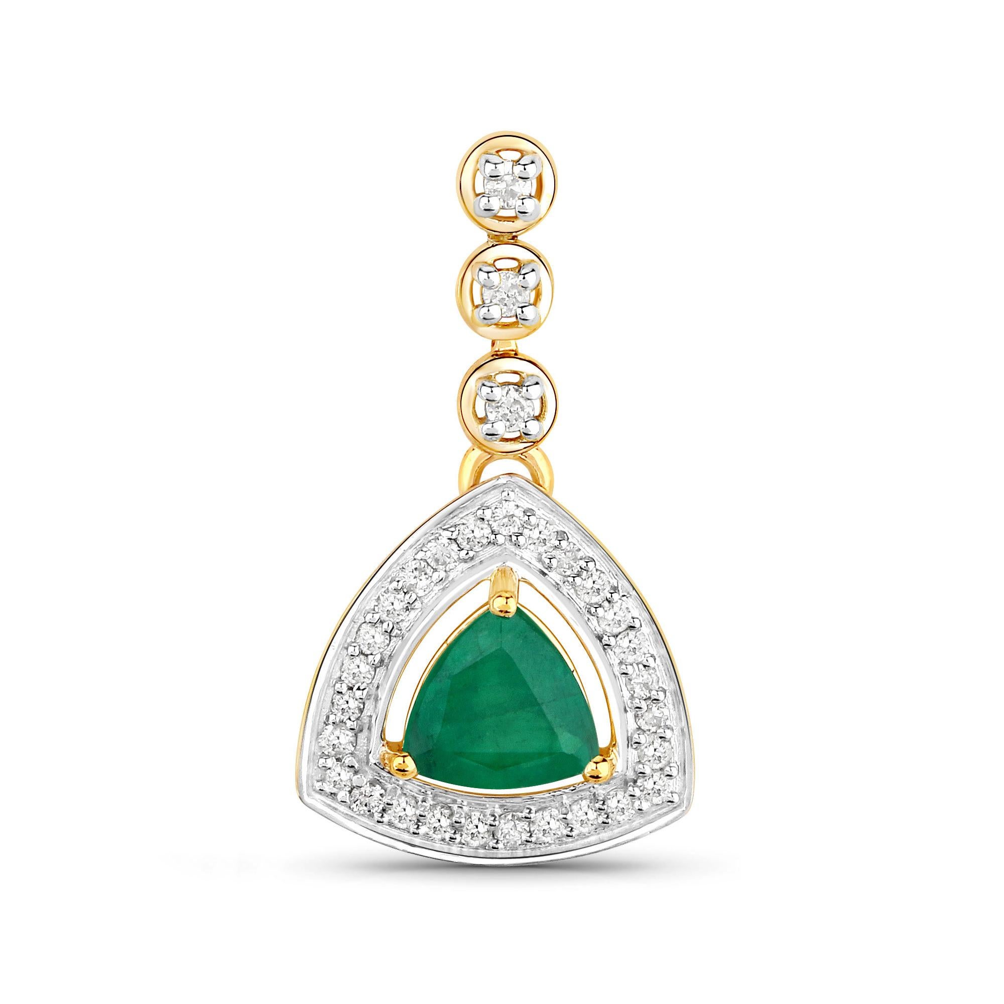 Trillion Cut Natural Zambian Emerald and Diamond Halo Dangle Earrings 14K Yellow Gold For Sale