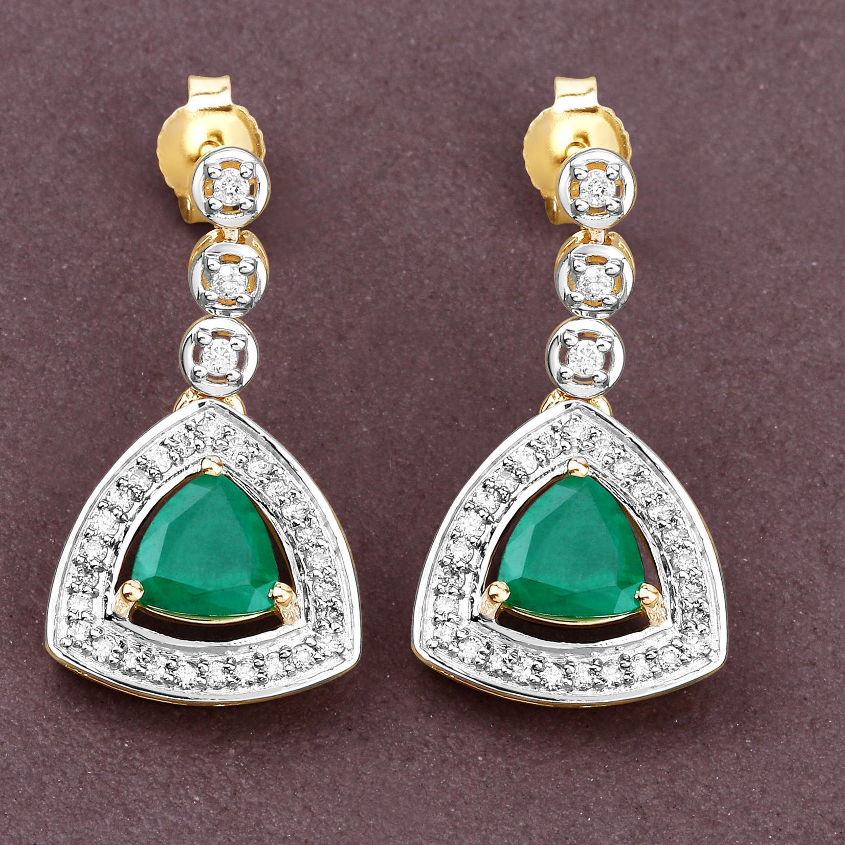 Contemporary Natural Zambian Emerald and Diamond Halo Dangle Earrings 14K Yellow Gold For Sale