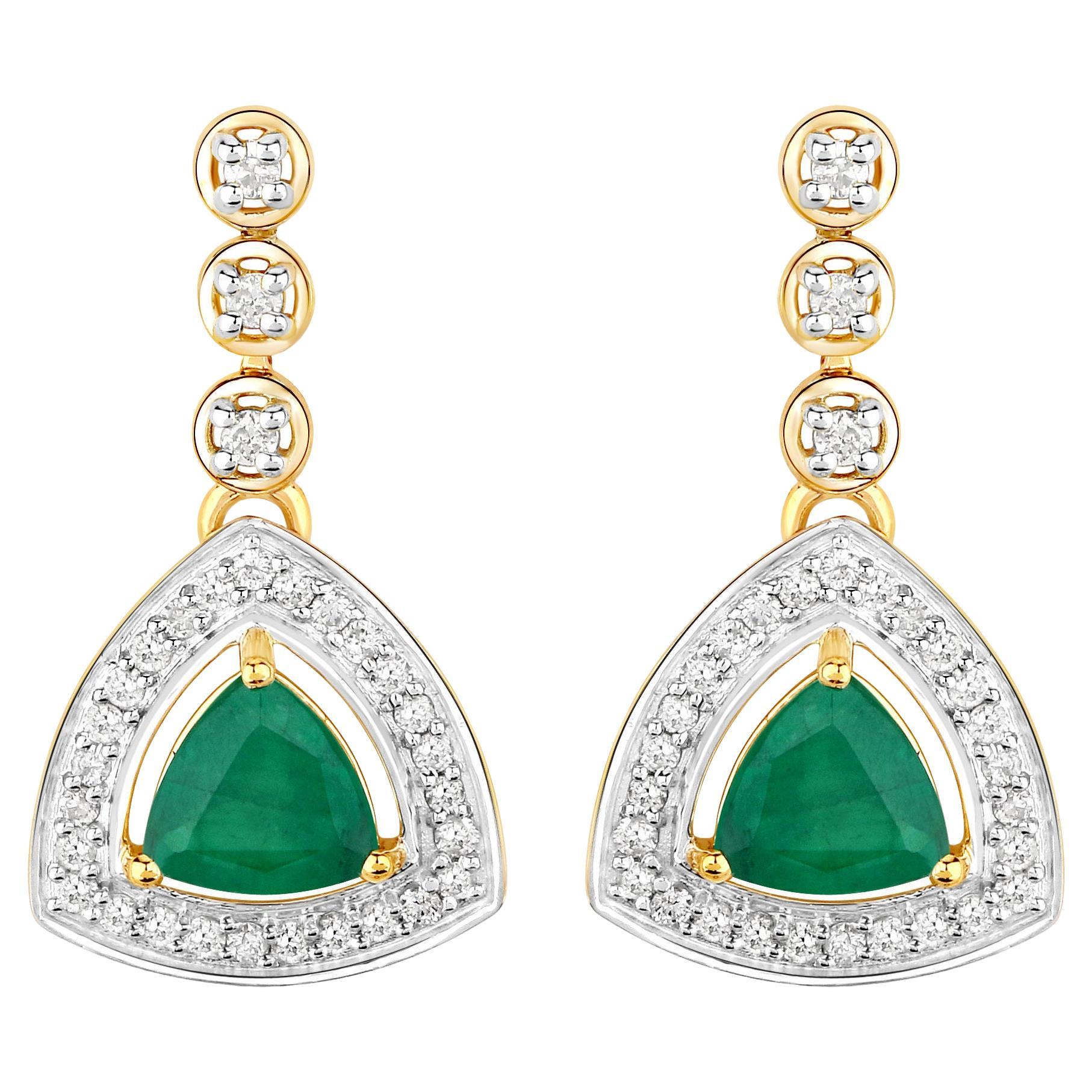 Natural Zambian Emerald and Diamond Halo Dangle Earrings 14K Yellow Gold For Sale