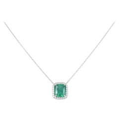Natural Zambian Emerald and Diamond Halo Pendant Necklace