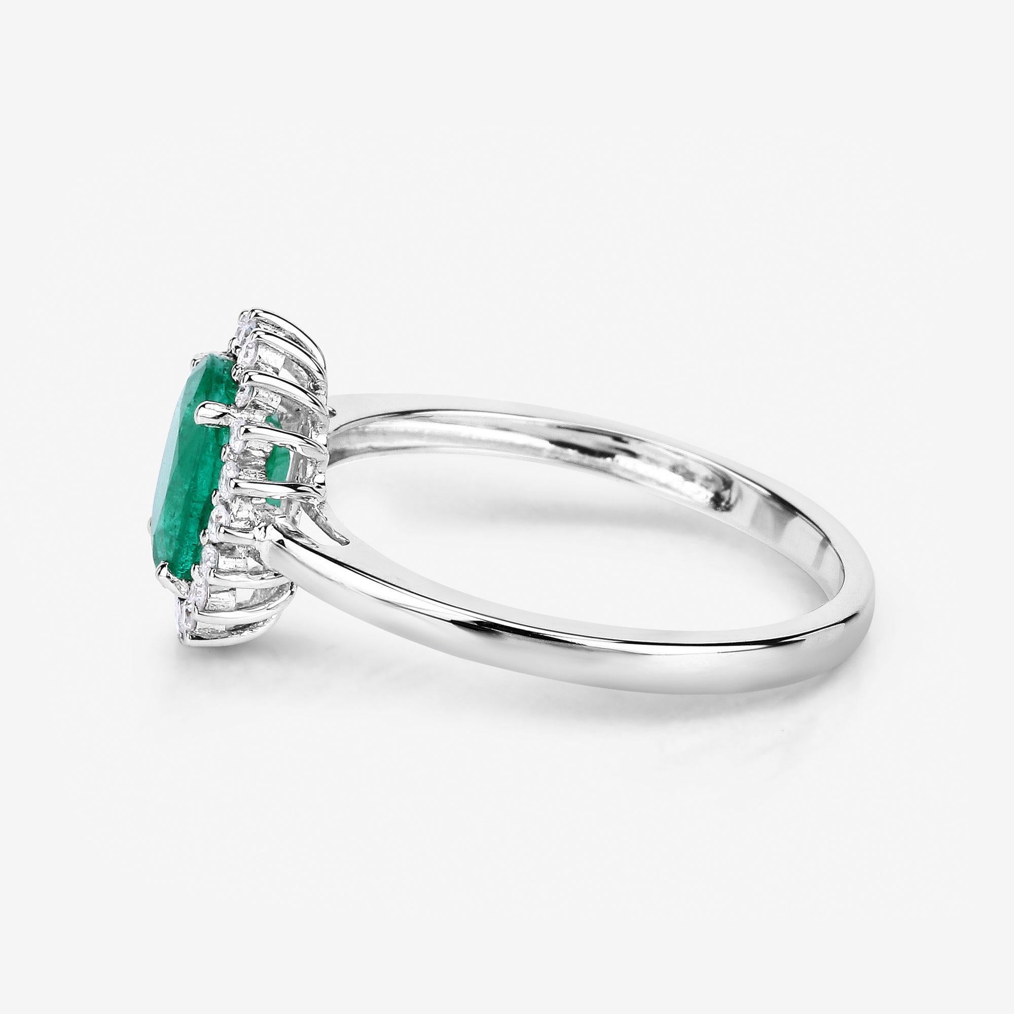 Contemporary Natural Zambian Emerald and Diamond Halo Ring 14K White Gold For Sale