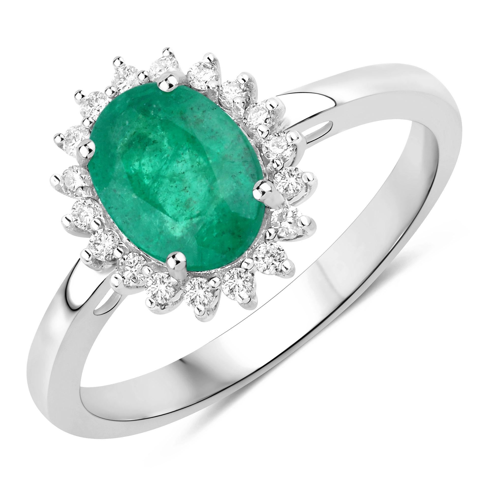 Oval Cut Natural Zambian Emerald and Diamond Halo Ring 14K White Gold For Sale