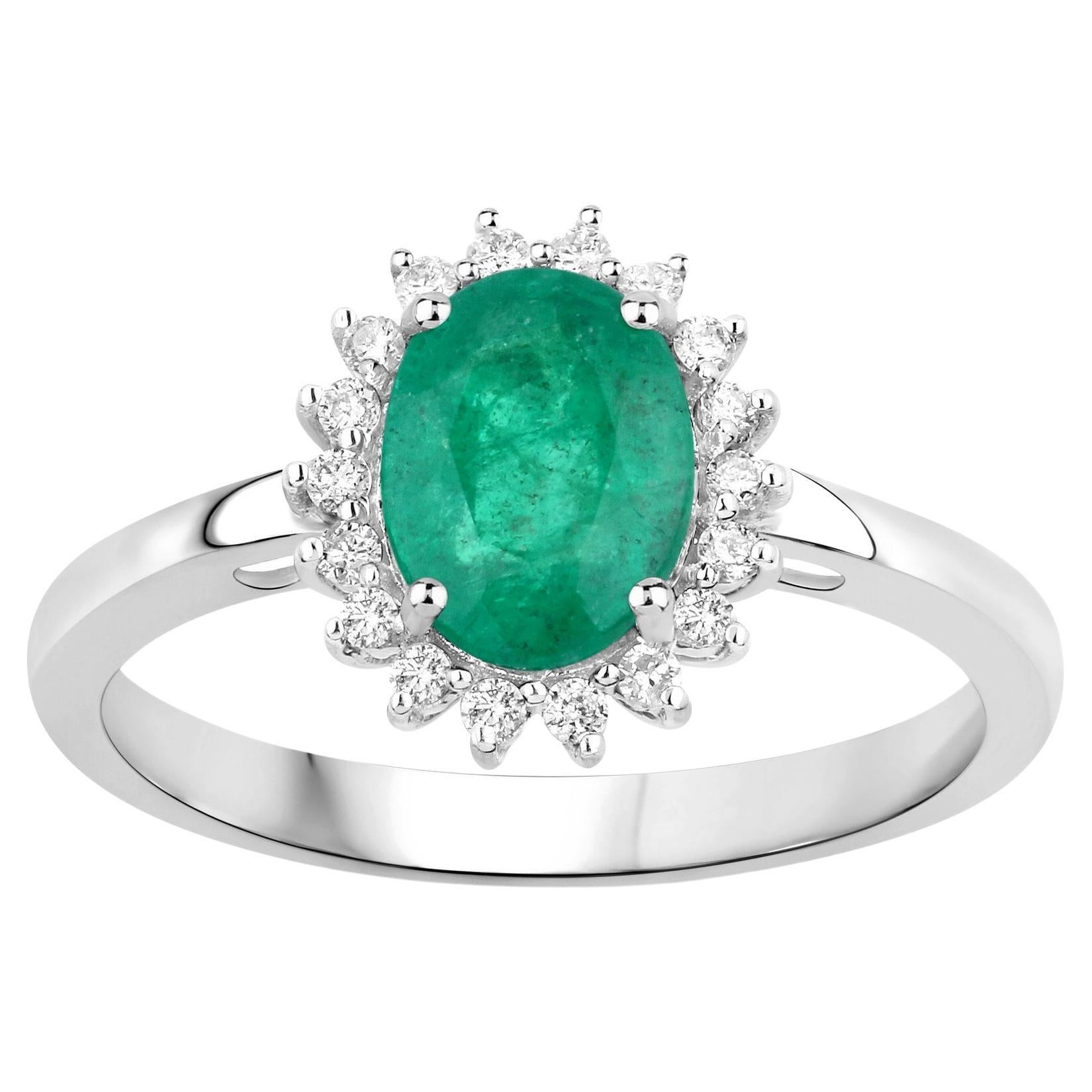 Natural Zambian Emerald and Diamond Halo Ring 14K White Gold For Sale