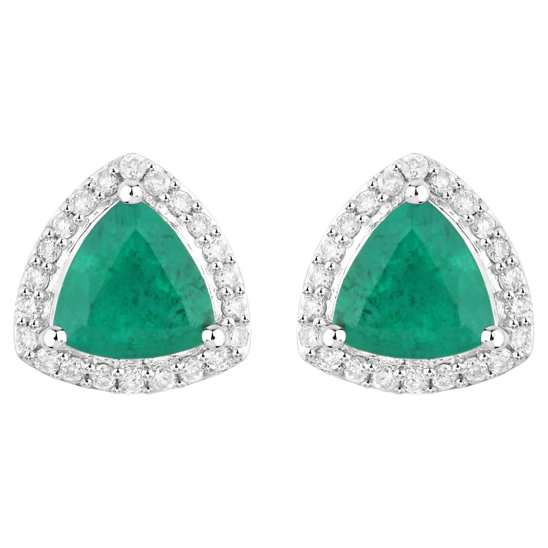 Natural Zambian Emerald and Diamond Halo Stud Earrings 14K White Gold