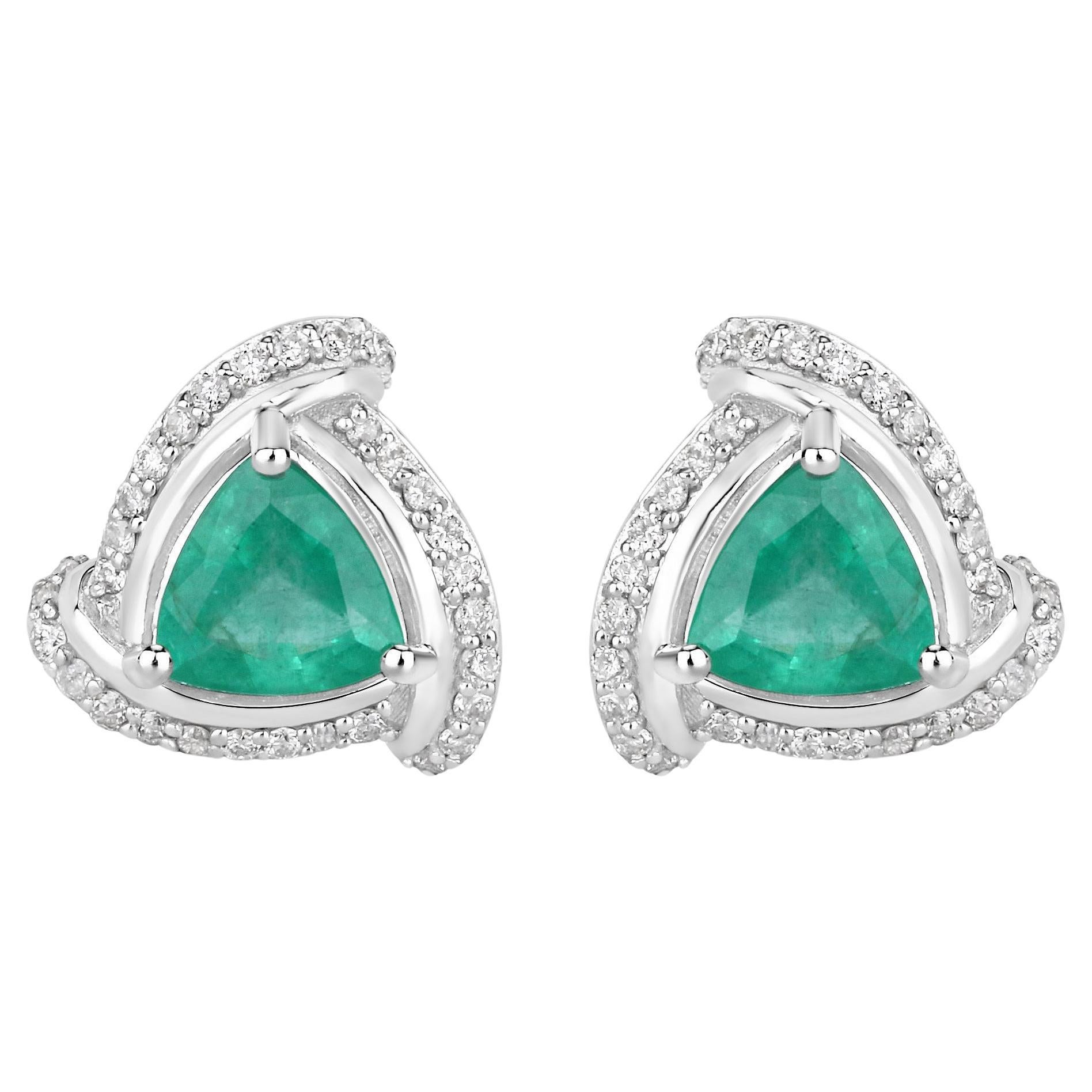 Natural Zambian Emerald and Diamond Halo Stud Earrings 14K White Gold For Sale