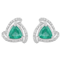 Natural Zambian Emerald and Diamond Halo Stud Earrings 14K White Gold