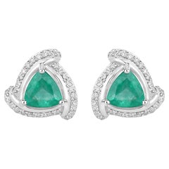 Natural Zambian Emerald and Diamond Halo Stud Earrings 14K White Gold