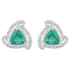 Natural Zambian Emerald and Diamond Halo Stud Earrings 14K White Gold