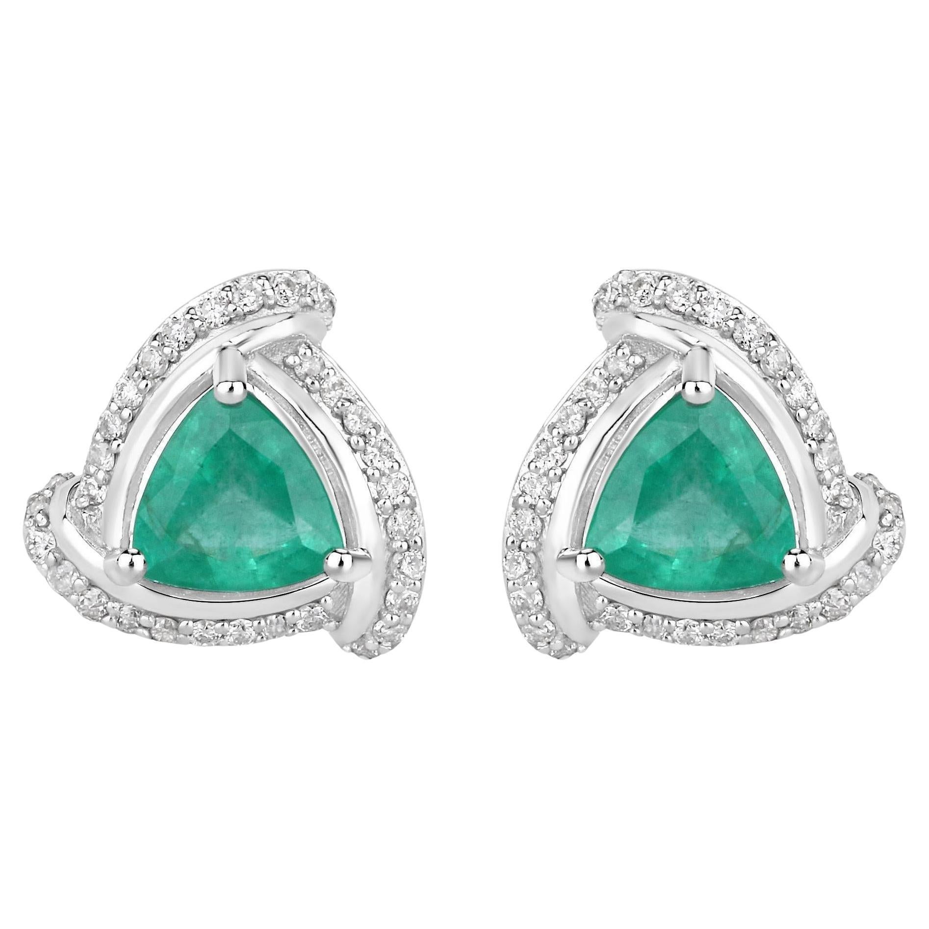 Pendientes de oro blanco de 14 quilates con esmeralda natural de Zambia y halo de diamantes