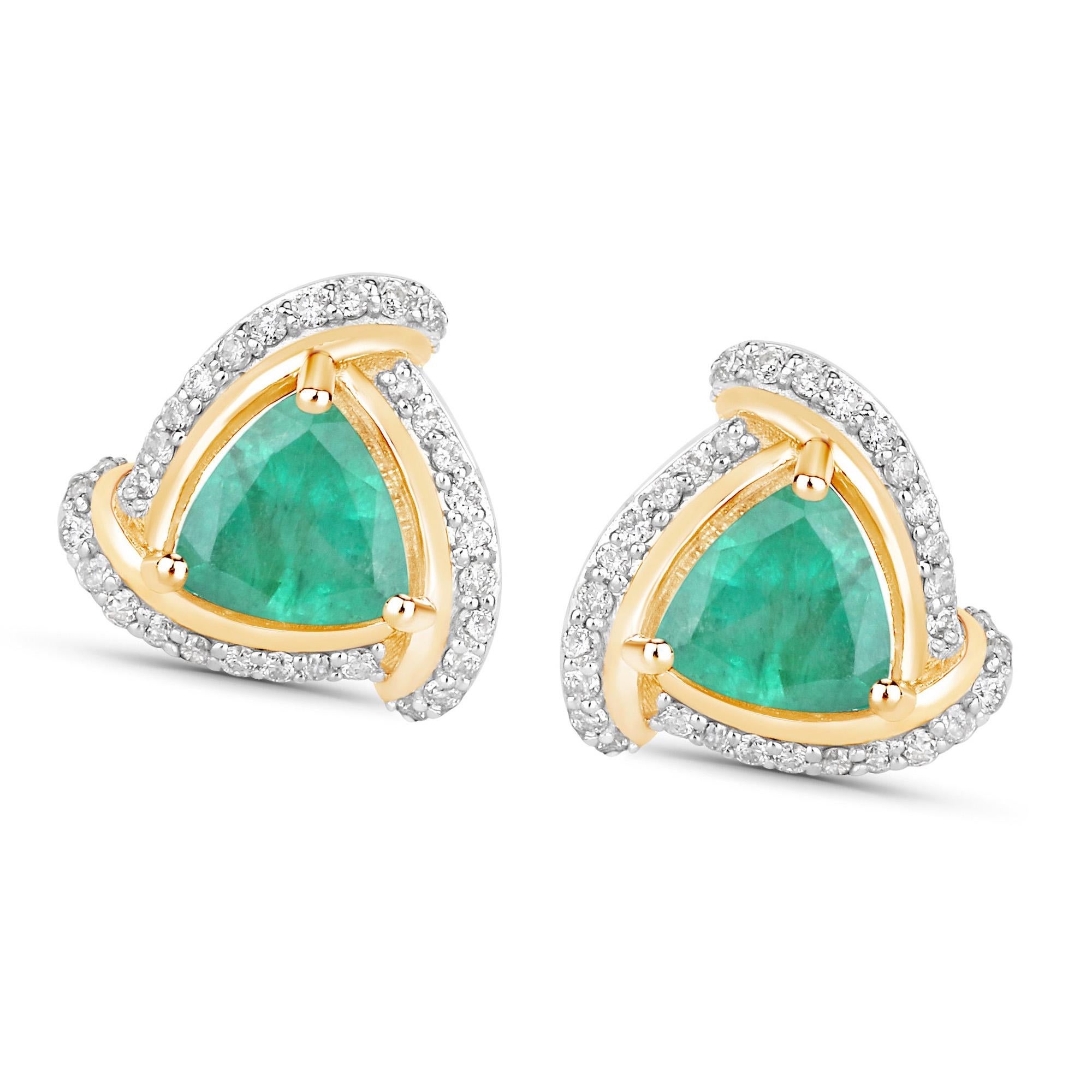 Trillion Cut Natural Zambian Emerald and Diamond Halo Stud Earrings 14K Yellow Gold For Sale