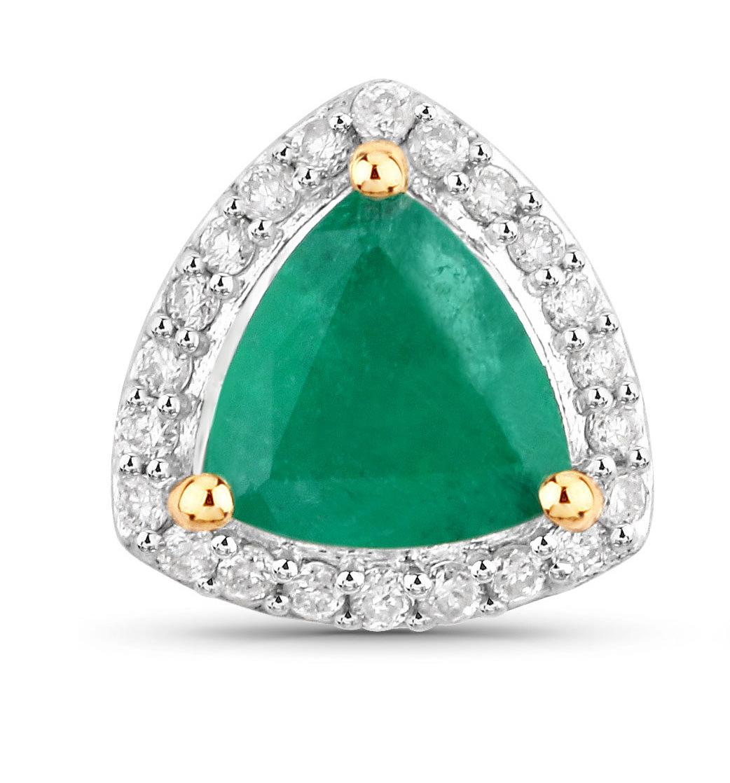 Trillion Cut Natural Zambian Emerald and Diamond Halo Stud Earrings  14K Yellow Gold For Sale
