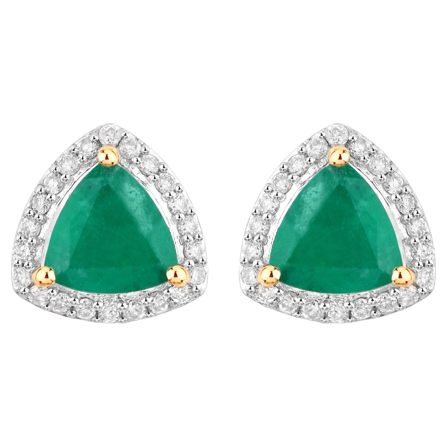 Natural Zambian Emerald and Diamond Halo Stud Earrings  14K Yellow Gold For Sale