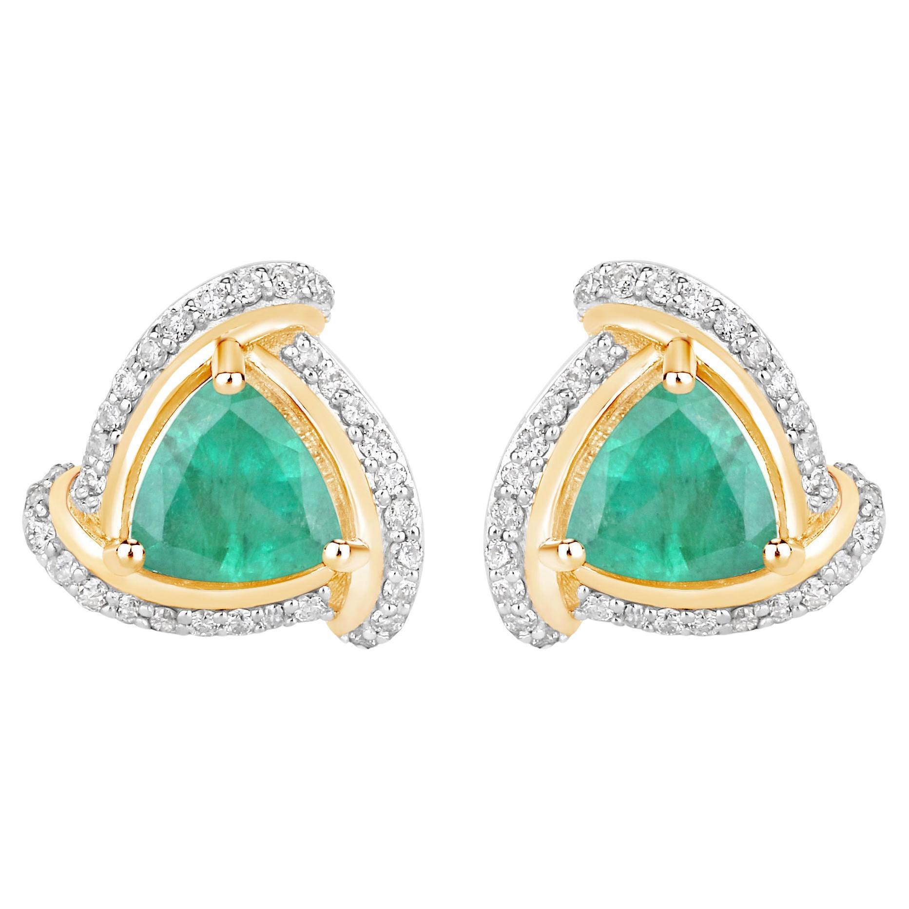 Natural Zambian Emerald and Diamond Halo Stud Earrings 14K Yellow Gold For Sale
