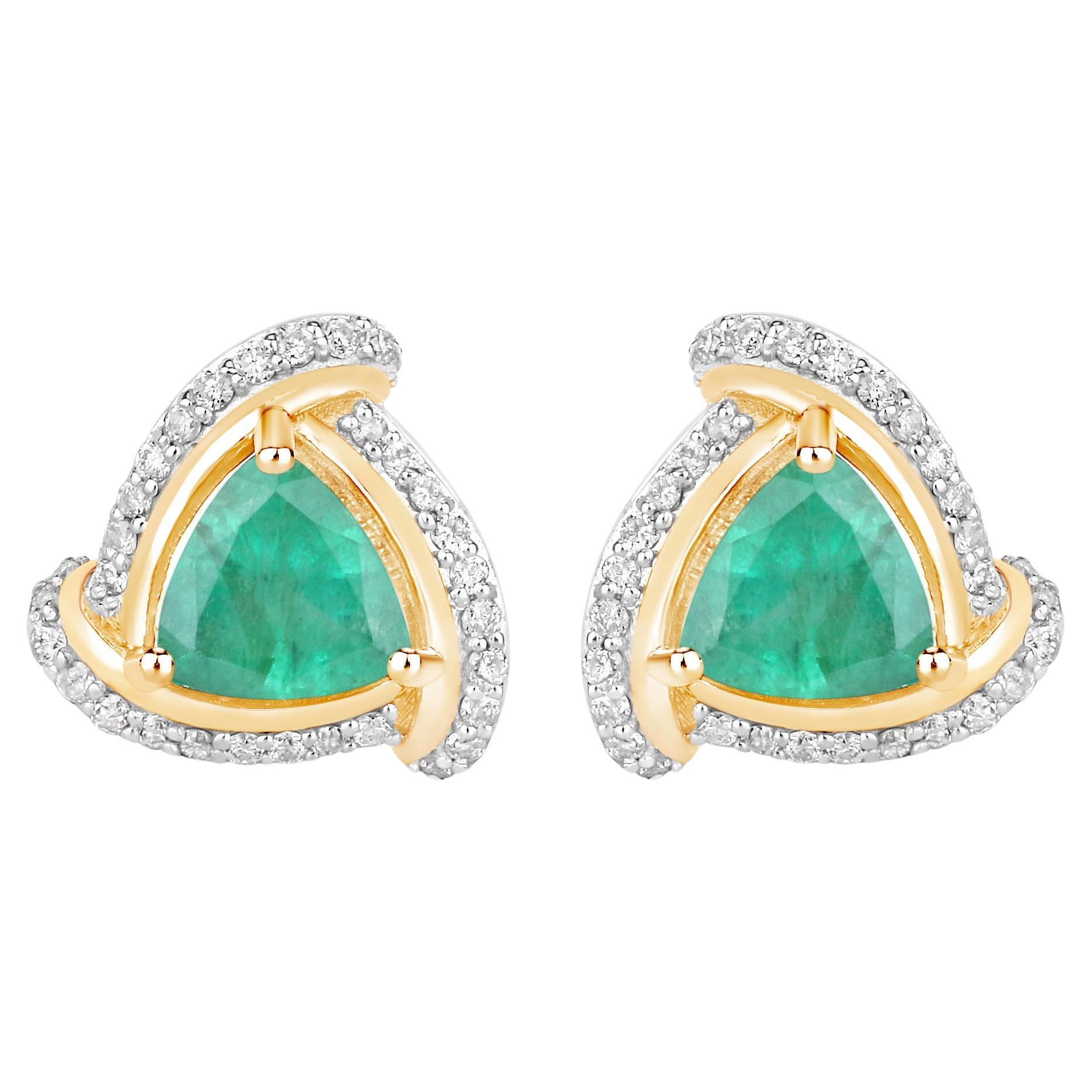 Natural Zambian Emerald and Diamond Halo Stud Earrings 14K Yellow Gold