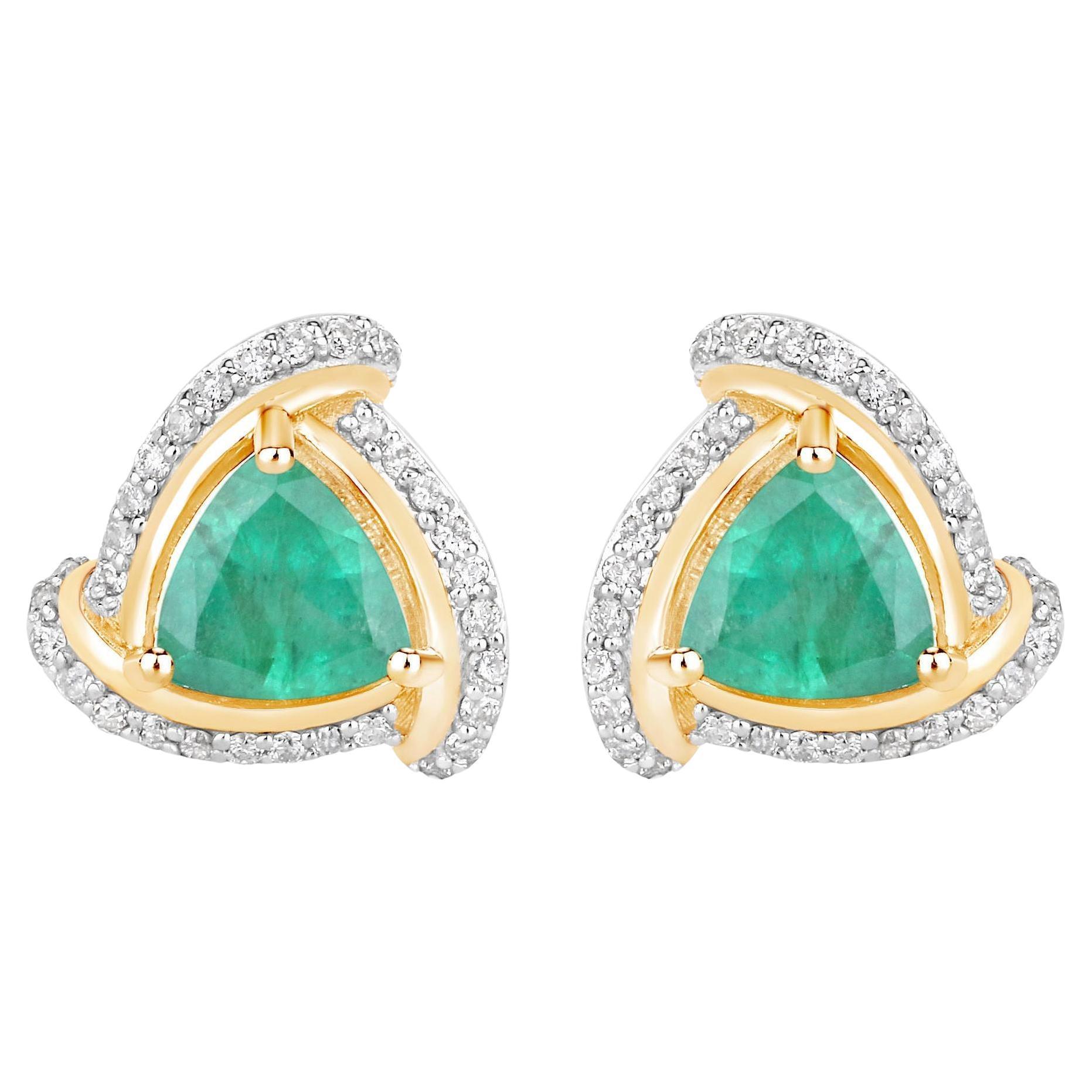 Natural Zambian Emerald and Diamond Halo Stud Earrings 14K Yellow Gold