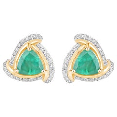 Natural Zambian Emerald and Diamond Halo Stud Earrings 14K Yellow Gold