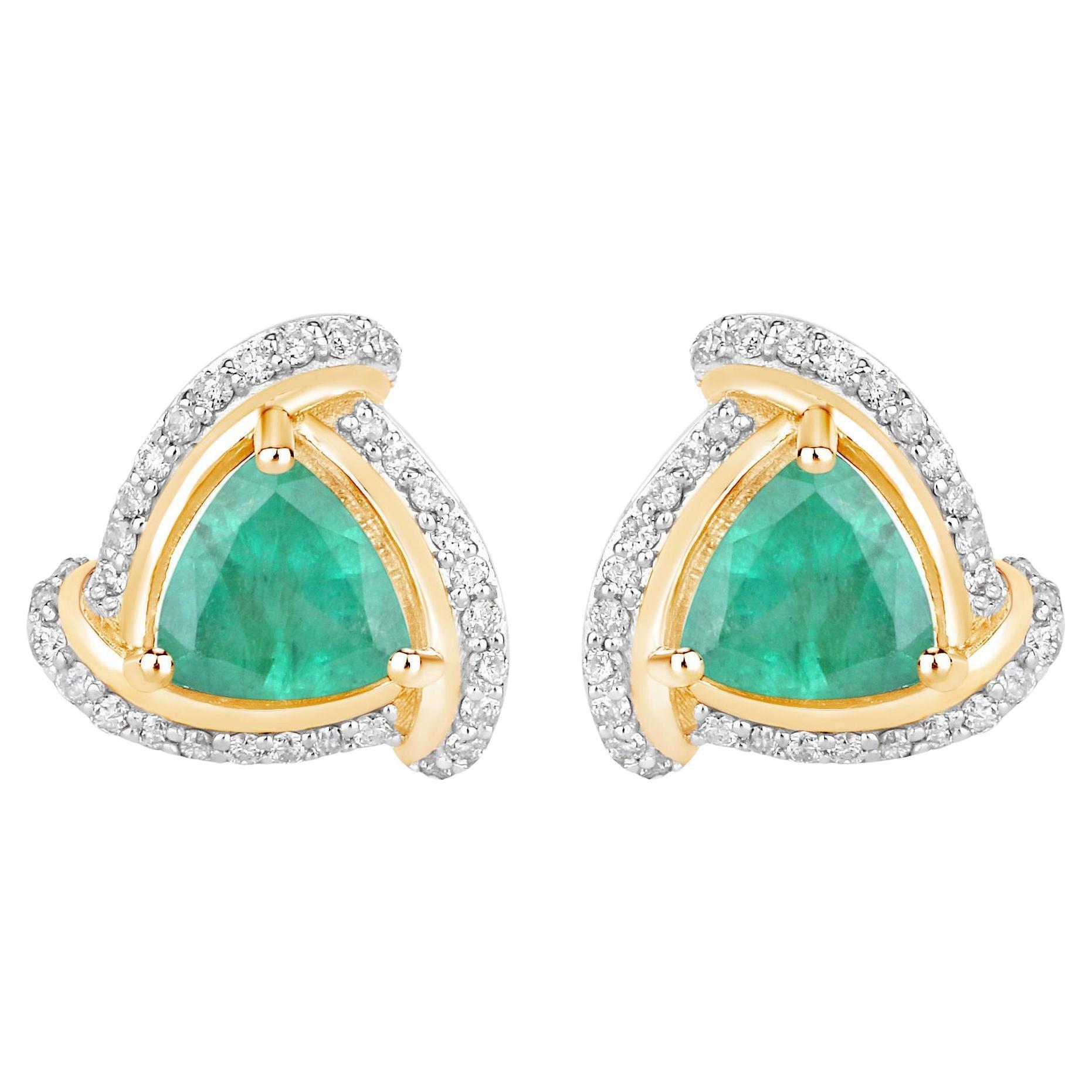 Natural Zambian Emerald and Diamond Halo Stud Earrings 14K Yellow Gold For Sale