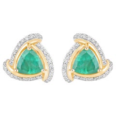 Natürlicher sambischer Smaragd und Diamant-Halo-Ohrstecker 14K Gelbgold