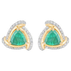 Natural Zambian Emerald and Diamond Halo Stud Earrings 14K Yellow Gold