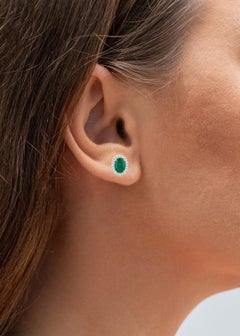 Natural Zambian Emerald and Diamond Halo Stud Earrings 1.75 Carats 14K Gold