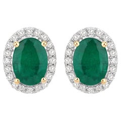 Natural Zambian Emerald and Diamond Halo Stud Earrings 1.75 Carats 14K Gold Natural Zambian Emerald and Diamond Halo Stud Earrings 1.75 Carats 14K Gold