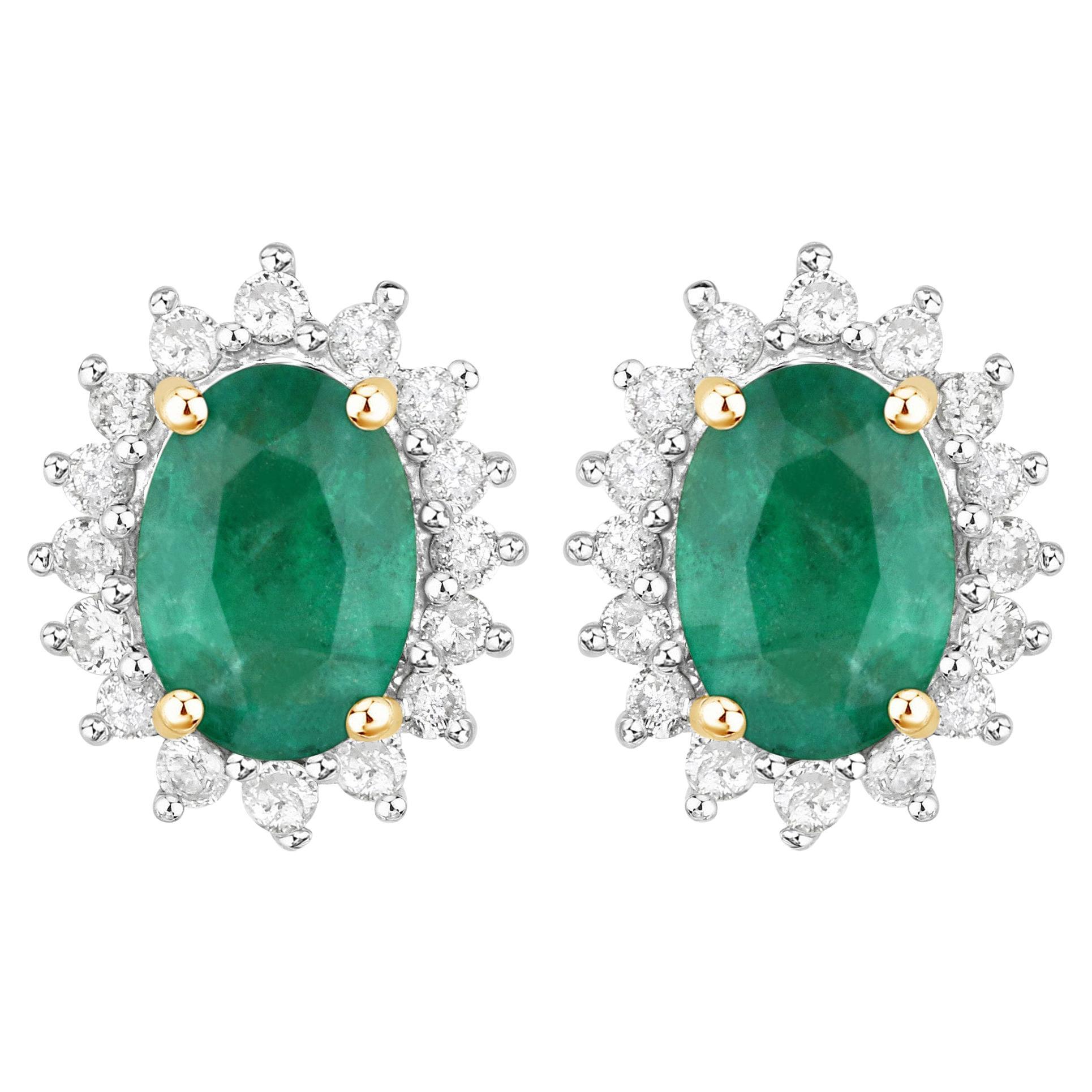 Natural Zambian Emerald and Diamond Halo Stud Earrings 1.90 Carats 14K Gold For Sale