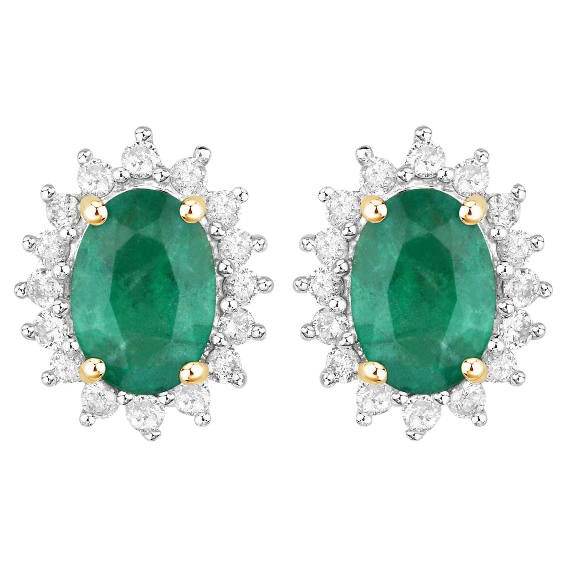 Natural Zambian Emerald and Diamond Halo Stud Earrings 1.90 Carats 14K Gold
