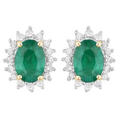 Natural Zambian Emerald and Diamond Halo Stud Earrings 1.90 Carats 14K Gold