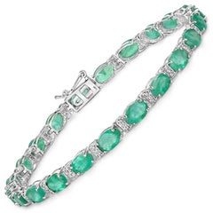 Natural Zambian Emerald and Diamond Tennis Bracelet 10 Carats 14K White Gold