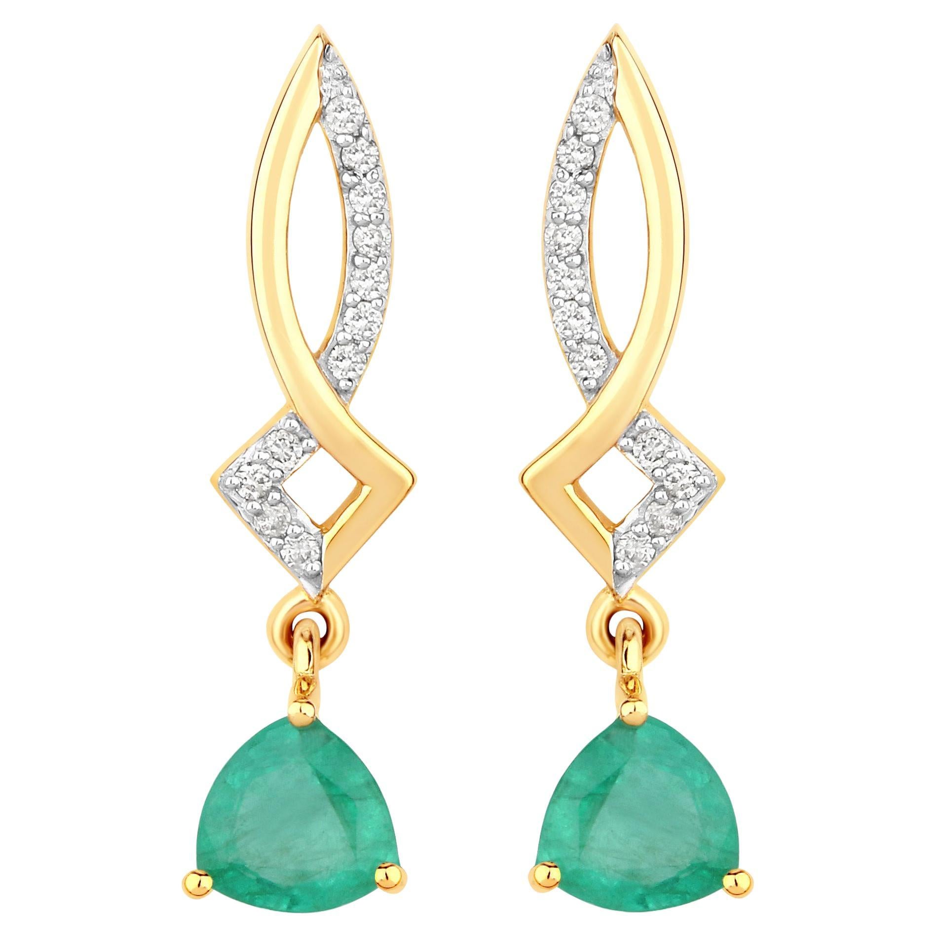 Natural Zambian Emerald and Diamonds Dangle Earrings 14K Yellow Gold