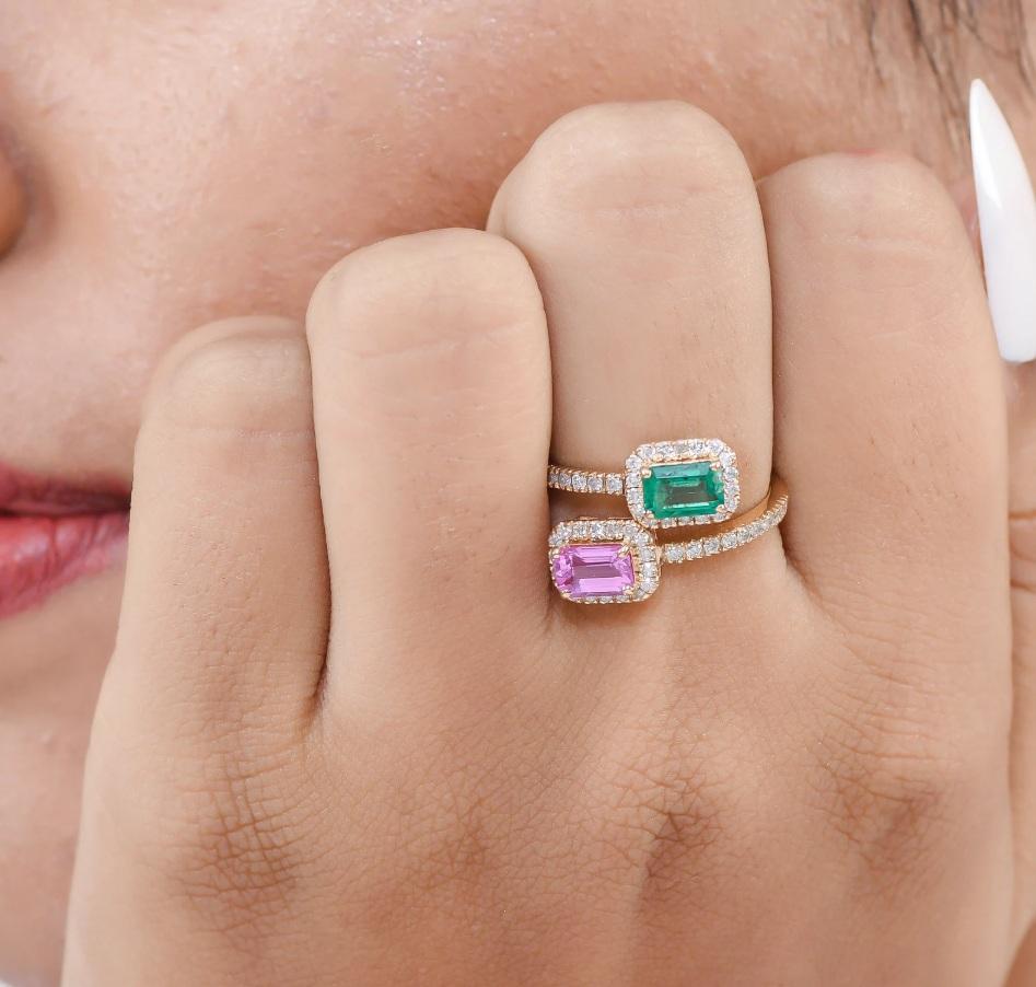 Anello con smeraldo naturale dello Zambia e zaffiro rosa in oro 14k in vendita 4