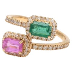 Natural zambian emerald and pink sapphire ring in 14k gold