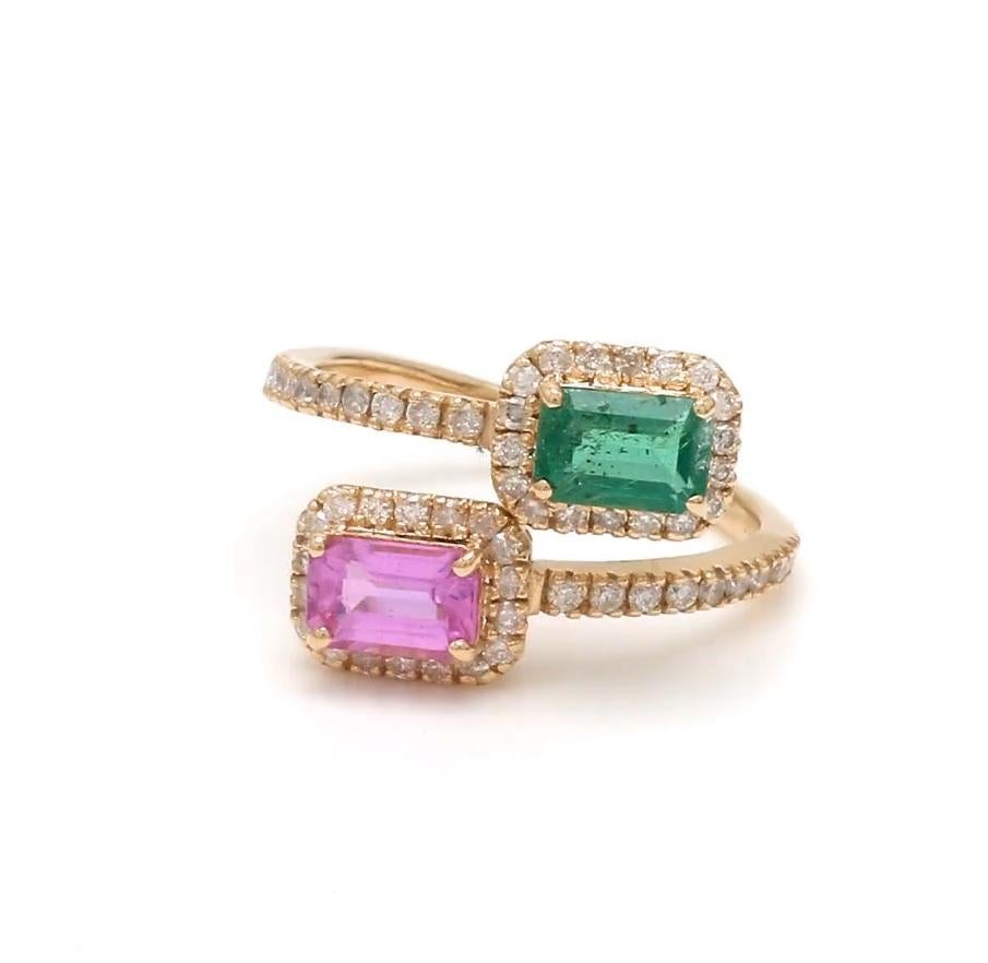 Women's Natural 0.67 cts Zambian emerald and 0.73 cts sapphire ring in 14k gold For Sale